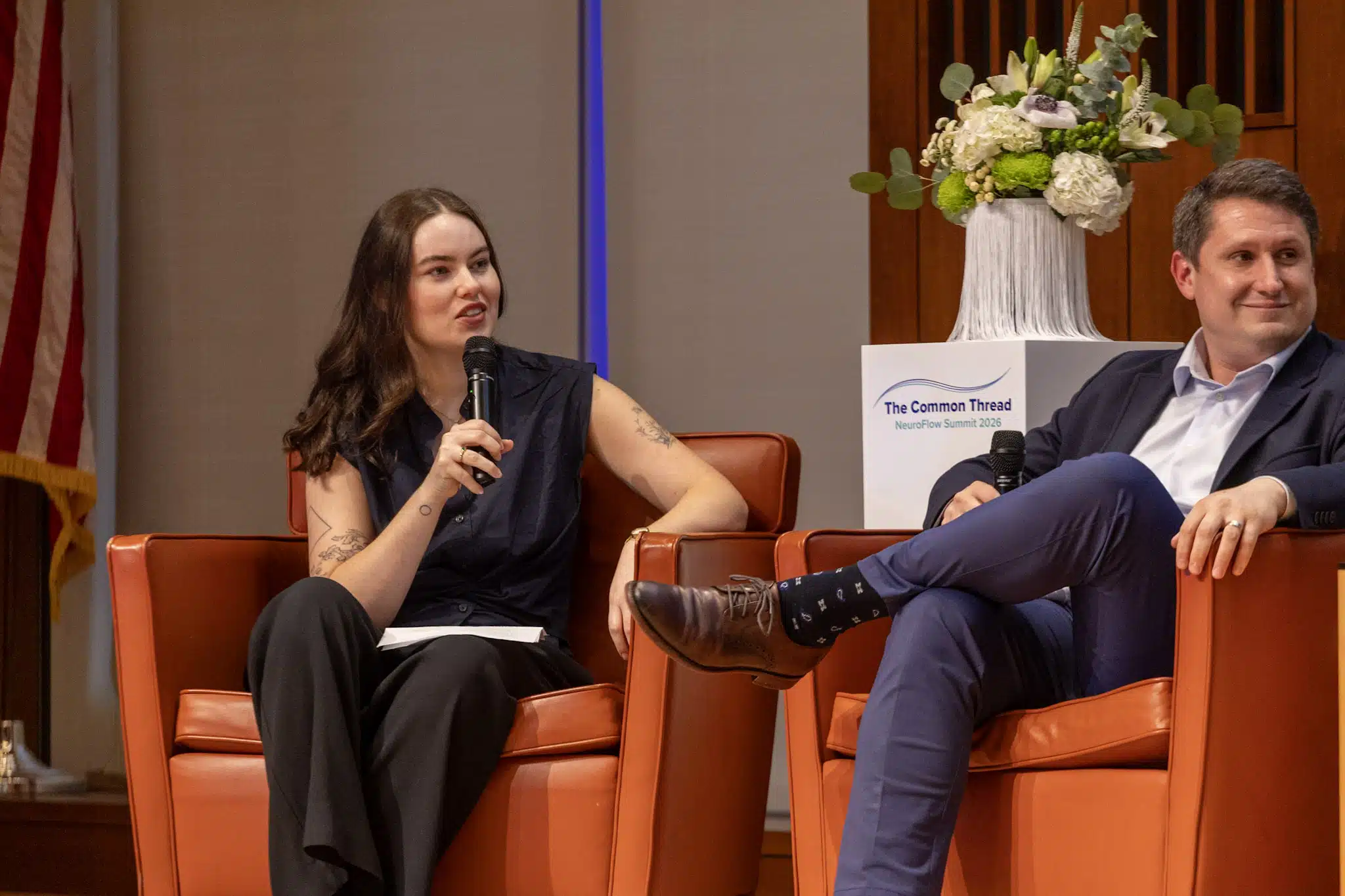 Anastassia Gliadkovskaya and Luc Montminy speaking on a panel.